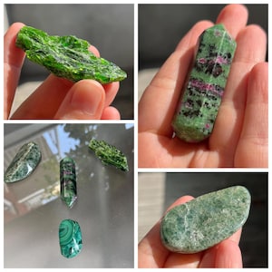 May include: A collection of various gemstones, including a vibrant green, irregularly shaped stone, a green and red crystal point, and several other polished stones in shades of green. The gemstones are displayed against a natural background, showcasing their unique textures and colors.