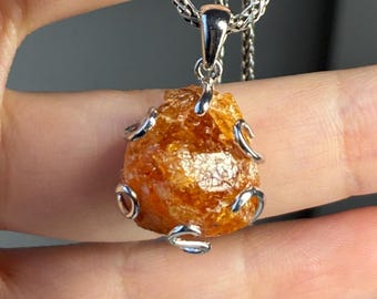 Raw Gemmy Spherical Orange SPESSARTINE GARNET Crystal (Brazil) | Unisex Sterling Silver Rhodium Plated Pendant | Abundance | Second Chakra