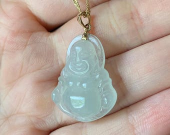Natural Genuine Translucent Fei Cui | Grade A Burmese JADEITE LAUGHING BUDDHA w 14k Solid Gold Bail | Unisex Pendant | Serenity | Prosperity