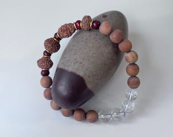 REICHTUM UND ERFOLG Unisex Mala-Style Armband | 3, 7, 9 und Ganesh Mukhi Rudraksha Java Indonesien | Duftendes rohes Sandelholz | Bergkristall