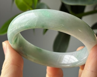 55 mm Natural Icy Pale Minty Green/White Green Flowers Type A Jadeite Bangle Burma | Type A Jadeite Fei Cui Myanmar