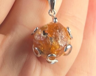 Raw Spherical Gemmy Orange SPESSARTINE GARNET Crystal (Brazil) | Unisex Sterling Silver Rhodium Plated Pendant | Abundance | Second Chakra