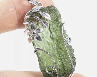 Unisex  Genuine Flawless Museum-Grade Raw Czech Moldavite Chlum Tektite Sterling Silver Pendant | Synergy 12 | Transformation | Energy Boost