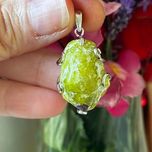 Peut inclure: Un pendentif vert citron avec une bélière argentée et des accents argentés décoratifs. Le pendentif a une forme organique unique et une surface texturée. Le fond présente des fleurs colorées.