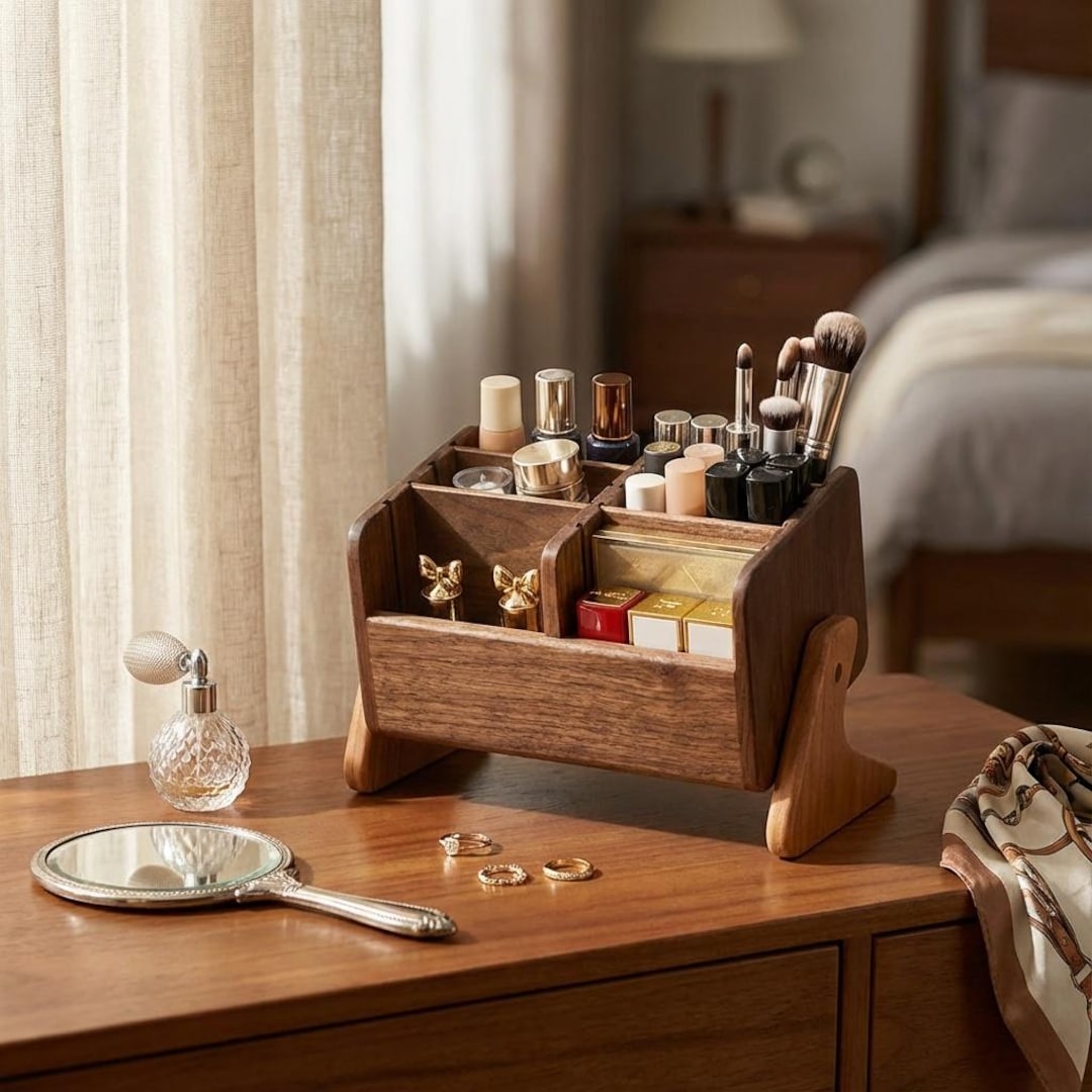 Nussbaum Holz Make-up Organizer, Holz Schreibtisch Organizer, Schreibtisch Zubehör, Make-up Aufbewahrung, Parfüm Tablett, Hautpflege Halter, Geschenk für Sie