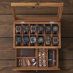 Premium Solid Wood Watch Box with Glass Lid, 2 Layer Watch Organizer with 8,12 Slots and Drawer, Luxury Wooden Display Case for Mens Watches