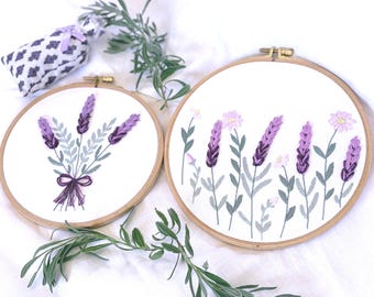 Set of two Embroidery Hoop Art , Lavender Field & Daisies  Cottagecore Wall Decor