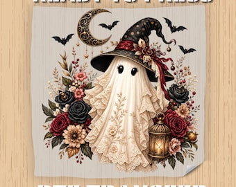May include: A DTF transfer sheet featuring a ghost wearing a black witch hat adorned with flowers, surrounded by black and red roses, foliage, a crescent moon, bats, and a glowing lantern. The text READY TO PRESS DTF TRANSFER is visible.