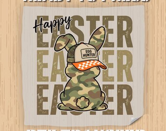 Transferencia DTF de Pascua lista para imprimir, diseño de conejito de Pascua con camuflaje, transferencia de calor directa a película para camisetas.
