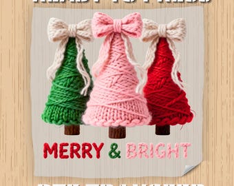 Faux Yarn Merry Christmas Tree DTF Transfer, Ready to Press Chunky Knit Bow Design