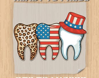 Transferencia DTF del 4 de julio, Transferencia DTF para dentistas, Dental Listo para planchar, Transferencia termoadhesiva, Bandera estadounidense en el diente, Impresión por transferencia térmica