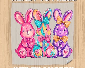 Transferencia DTF de conejito de Pascua con pinceladas, transferencia de calor lista para prensar con lazo de Pascua coqueto, impresión DTF para planchar sobre camiseta de Feliz Pascua