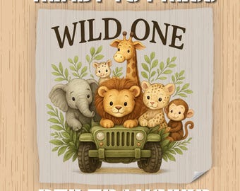 Transferencia termoadhesiva Wild One con animales de safari, diseño para camisetas de cumpleaños con temática de la selva, lista para planchar.
