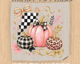 DTF Transfer Coquette Fall Pumpkin, Checkered Leopard Pumpkin Bow, Ready to Press, Colorful Glitter Autumn Floral Heat Transfer