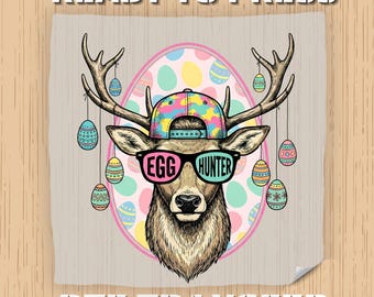 Transferencia DTF de Pascua, diseño de camuflaje de conejo cazador de huevos de Pascua, gorra con ciervo al revés, lista para planchar