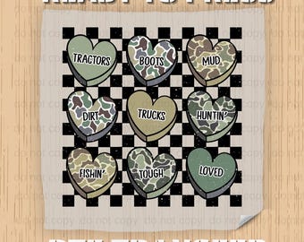 Camo Checkered Valentine Heart DTF Transfer, Ready to Press Hunting Lover’s Design