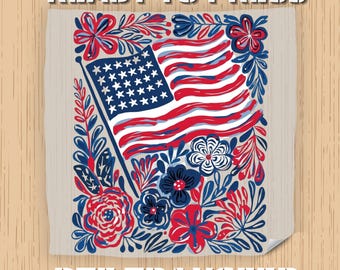 Transferencia DTF, Bandera Americana Floral, Lista para Prensar, Día de la Independencia Patriótica del 4 de Julio, Estampado de Flores Boho Rojas, Blancas y Azules