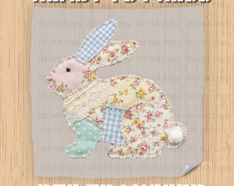 Conejito de patchwork con transferencia DTF, diseño básico de abuela de segunda mano, conejo cottagecore, gráfico de Pascua vintage, transferencia de calor lista para prensar