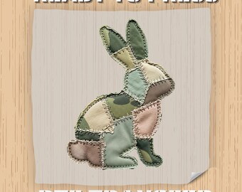 Conejito de camuflaje de patchwork falso con transferencia DTF, conejo de Pascua listo para prensar, diseño de camiseta para vacaciones de primavera, impresión termoadhesiva
