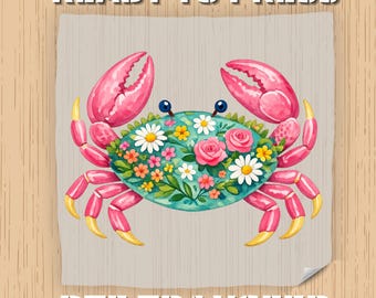 Transferencia DTF de cangrejo rosa floral, cangrejo playero de verano listo para planchar, transferencia térmica de linda vida marina costera para camisa