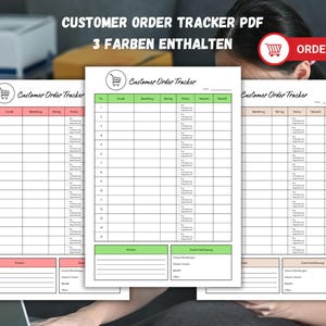 Könnte beinhalten: Drei druckbare Customer Order Tracker PDFs in Rosa, Grün und Pfirsich. Jedes Blatt hat eine Kopfzeile mit dem Text "Customer Order Tracker" und einem Einkaufswagen-Symbol. Die Blätter dienen zur Verfolgung von Kundenbestellungen.