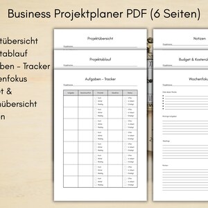 Könnte beinhalten: Ein digitaler PDF-Business-Projektplaner mit sechs Seiten. Der Planer enthält Abschnitte für Projektübersicht, Projektzeitplan, Aufgaben-Tracker, Wochenfokus, Budget- und Kostenübersicht sowie Notizen. Der Text ist auf Deutsch.