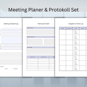 Könnte beinhalten: Ein Satz von drei weißen Papierdokumenten mit blauem und grauem Text. Die Dokumente tragen den Titel "Meeting Planer & Protokoll Set" und enthalten Abschnitte für die Vorbereitung, das Protokoll und die Nachverfolgung von Besprechungen.