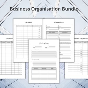 Könnte beinhalten: Ein Business-Organisation-Bundle mit mehreren druckbaren Dokumenten. Die Dokumente umfassen Vorlagen für Urlaubsplanung, Besprechungsnotizen und Aufgabenverwaltung. Der Text "Business Organisation Bundle" steht oben. Die Dokumente sind in Schwarzweiß.
