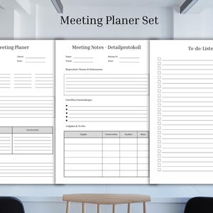Zestaw do druku planera spotkań / Notatki ze spotkań i lista zadań / Plik PDF A4 / Planer biznesowy w języku niemieckim / Pobieranie cyfrowe