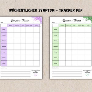 Könnte beinhalten: Zwei druckbare Symptom-Tracker-Blätter mit einem Raster zur Erfassung täglicher Gesundheitsdaten. Ein Blatt hat violette Akzente, das andere grüne. Beide enthalten Spalten für Symptome, Stärke, Dauer, Auslöser, Notizen und ein Herz-Symbol.