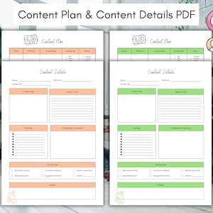 Könnte beinhalten: Zwei druckbare PDF-Dokumente mit dem Titel "Content Plan & Content Details". Die Dokumente haben einen weißen Hintergrund mit orangefarbenen und grünen Akzenten. Jedes Dokument enthält Abschnitte für Inhaltsideen, Bildunterschriften, Hashtags und mehr. Der Text "Content Plan & Content Details PDF" steht oben.