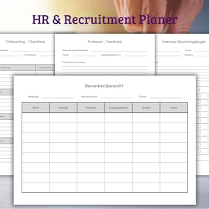 Könnte beinhalten: Eine Sammlung weißer Papierformulare für HR- und Rekrutierungsplanung. Die Formulare enthalten Abschnitte für Onboarding, Feedback und Interviews mit Feldern zur Eingabe von Informationen. Der Text "HR & Recruitment Planer" steht oben.