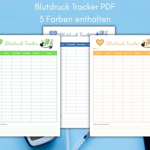 Könnte beinhalten: Drei druckbare Blutdruck-Tracker-PDFs in Grün, Blau und Orange. Jeder Tracker enthält ein Raster zur Aufzeichnung der Blutdruckmesswerte mit dem Titel "Blutdruck Tracker" und dem Text "3 Farben enthalten". Der Hintergrund ist hellblau.