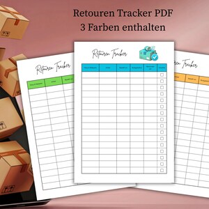 Può includere: Tre PDF di monitoraggio dei resi in diversi colori, con il testo "Retouren Tracker PDF" e "3 Farben enthalten". I PDF sono visualizzati con scatole di cartone fluttuanti e uno smartphone.