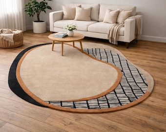 Modern Abstract Oval Rug - Japandi Irregular Hand-Tufted Wool Carpet - Minimalist Beige & Terracotta Area Rug
