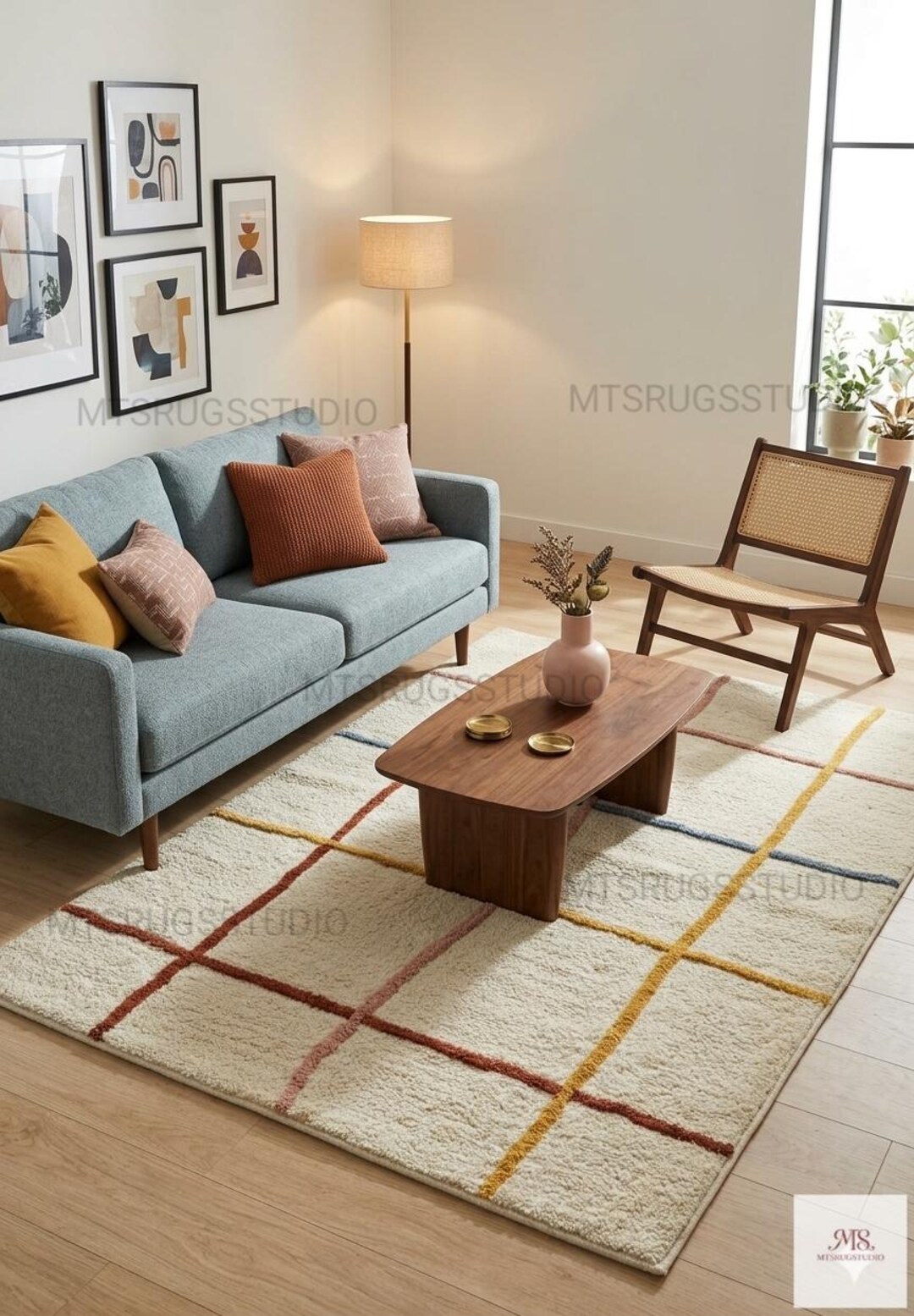 Minimalist Grid Wool Rug - Colorful Windowpane Hand-tufted Carpet ...