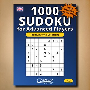 May include: A blue cover featuring a Sudoku puzzle book titled "1000 Sudoku for Advanced Players." The book includes a sample puzzle grid, the Union Jack flag, and the text "Digital Download for Printing."
