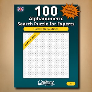 Könnte beinhalten: Ein blaues Puzzlebuch mit dem Titel "100 Alphanumeric Search Puzzle for Experts." Das Cover zeigt ein Raster aus Buchstaben und Zahlen mit dem Text "Hard with Solutions." Enthält eine Option zum digitalen Download.