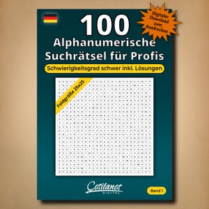 May include: A dark teal puzzle book with the text "100 Alphanumeric Search Puzzles for Professionals" and "Field Size 25x25". The book has a German flag and the words "Digital Download to Print". The brand name "Cositanos Digital" is at the bottom.