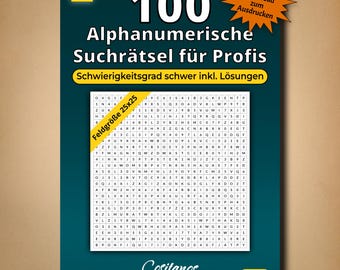 May include: A dark teal puzzle book with the text "100 Alphanumeric Search Puzzles for Professionals" and "Field Size 25x25". The book has a German flag and the words "Digital Download to Print". The brand name "Cositanos Digital" is at the bottom.