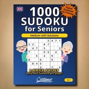 Könnte beinhalten: Blauer Buchumschlag mit dem Titel "1000 SUDOKU for Seniors" und dem Text "Medium with Solutions" und "Large Print". Das Cover zeigt Illustrationen von zwei Senioren und ein Sudoku-Puzzle-Raster. Das Buch ist ein digitaler Download.