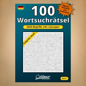 Könnte beinhalten: Ein türkisfarbenes Rätselbuch mit dem Titel "100 Wortsuchrätsel" und dem Text "2000 Begriffe, inkl. Lösungen". Das Buch zeigt ein Buchstabenraster und den Text "Feldgröße 30x30". Enthält eine Option zum digitalen Download.