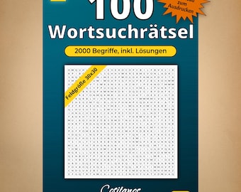 May include: A teal-colored puzzle book with the title "100 Wortsuchrätsel" and the text "2000 Begriffe, inkl. Lösungen". The book features a grid of letters and the text "Feldgröße 30x30". Includes a digital download option.