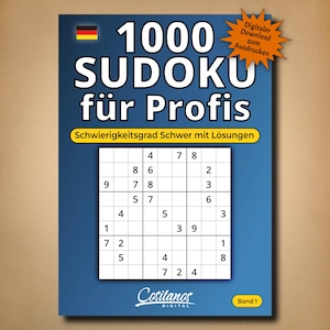 Op de afbeelding: Een blauwe boekomslag met de titel "1000 SUDOKU für Profis" in witte letters. De afbeelding bevat een Sudoku-puzzelraster, de tekst "Digitaler Download zum Ausdrucken" en de merknaam "Cositanos DIGITAL". Moeilijkheidsgraad: "Schwer".