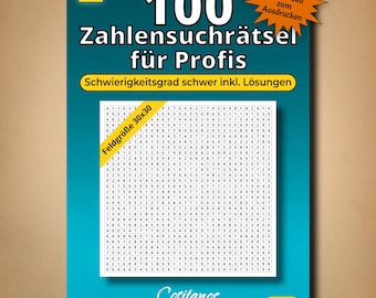 May include: A teal and blue puzzle book with the title "100 Zahlensuchrätsel für Profis" in white. The book features a grid of numbers and the text "Digital Download zum Ausdrucken". The bottom has the logo "Cositanos DIGITAL".