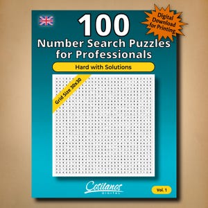 Puede incluir: Portada turquesa de un libro de rompecabezas con el texto "100 Number Search Puzzles for Professionals" y "Hard with Solutions". Incluye una pegatina de descarga digital y un tamaño de cuadrícula de 30x30. El libro está etiquetado como "Vol. 1."