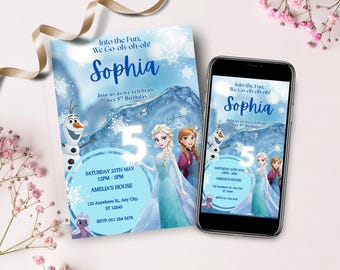 May include: A birthday invitation and a smartphone displaying the same design. The invitation features the text "Sophia" and "5" with illustrations of characters from the movie Frozen. The invitation includes event details.