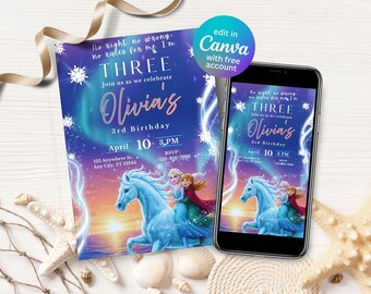 May include: A birthday invitation featuring a design with the text "THREE" and "Olivia's 3rd Birthday". The invitation includes an illustration of two characters riding a horse. A smartphone displays the same invitation.