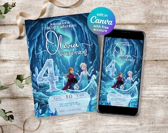 May include: A birthday invitation with a Frozen theme, featuring Elsa, Anna, and Olaf. The invitation is blue and white with the text "Olivia is turning 4". A smartphone displays the same design.