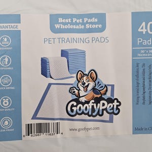 May include: Package of 40 pet training pads, 30" x 36", with a cartoon dog logo. Features include absorbent, disposable, quick drying, high quality, and leak proof. The brand name is GoofyPet.